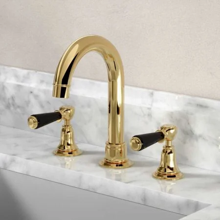 Linton 3 Hole Basin Mixer - Swan Neck Spout - Black Lever - Living Brass Finish