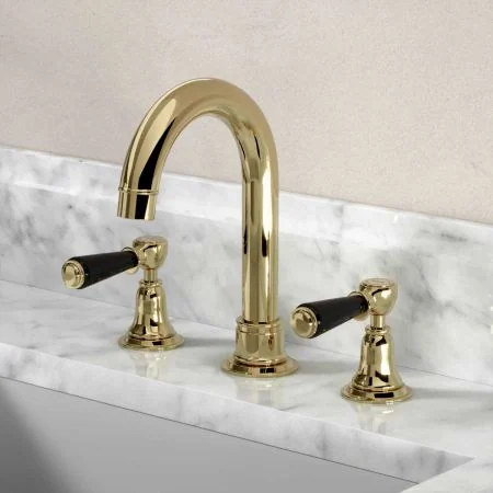 Linton 3 Hole Basin Mixer - Swan Neck Spout - Black Lever - Timeless Brass Finish