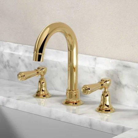 Linton 3 Hole Basin Mixer - Swan Neck Spout - Metal Lever - Living Brass Finish