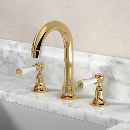Linton 3 Hole Basin Mixer - Swan Neck Spout - White Lever - Living Brass Finish