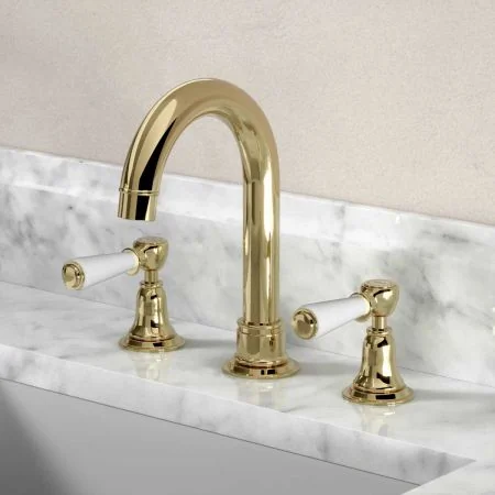 Linton 3 Hole Basin Mixer - Swan Neck Spout - White Lever - Timeless Brass Finish