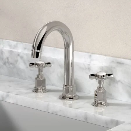 Linton Classic 3 Hole Basin Mixer with Swan Neck Spout & Crossheads in Polished Nickel