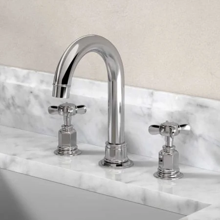 Linton Deck Mounted 3 Hole Basin Mixer with Swan Neck Spout - Crosshead - Chrome