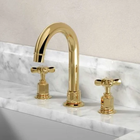 Linton 3 Hole Basin Mixer - Swan Neck Spout - Crosshead - Living Brass Finish