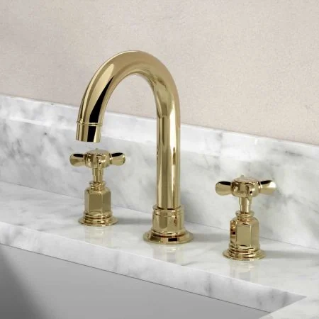Linton 3 Hole Basin Mixer - Swan Neck Spout - Crosshead - Timeless Brass Finish
