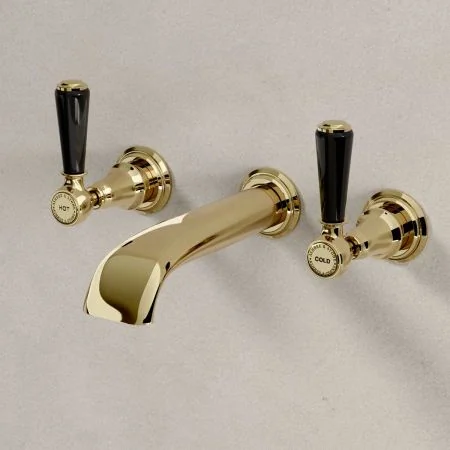 Linton - 3-Hole Basin Mixer - Wall Mounted - Black Lever - Timeless Brass