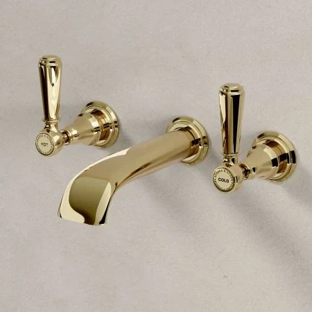 Linton - 3-Hole Basin Mixer - Wall Mounted - Metal Lever - Timeless Brass