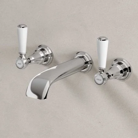 Linton Wall Mounted 3 Hole Basin Mixer - 175mm Spout - White Lever - Chrome