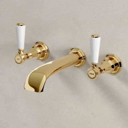 Linton Wall Mounted 3 Hole Basin Mixer - 175mm Spout - White Lever - Brass