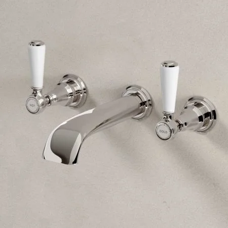 Linton Wall Mounted 3 Hole Basin Mixer - 175mm Spout - White Lever - Nickel