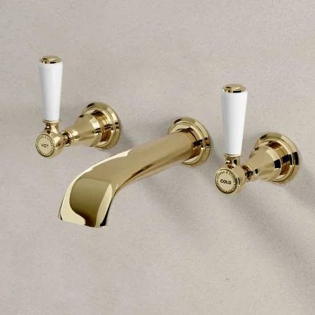 Linton - 3-Hole Basin Mixer - Wall Mounted - White Lever - Timeless Brass