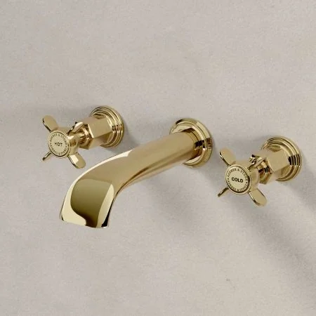 Linton - 3-Hole Basin Mixer - Wall Mounted - X-Top - Timeless Brass