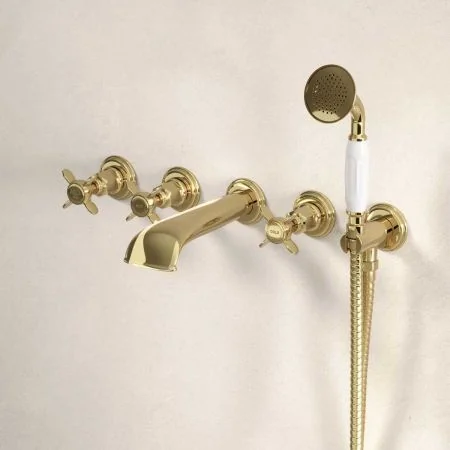 Linton 5-Hole - Wall Mounted - Bath Shower Mixer - X Top - Timeless Brass