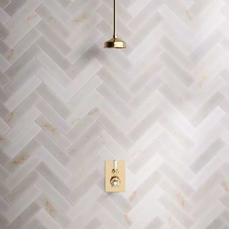 Linton Classic Single Outlet Concealed Shower with 210mm Ceiling Arm, 6" Rose & White Levers in Living Brass