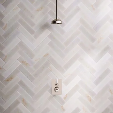 Linton Classic Single Outlet Concealed Shower with 210mm Ceiling Arm, 6" Rose & White Levers in Polished Nickel