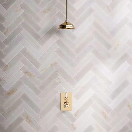 Linton Classic Single Outlet Concealed Shower with 210mm Ceiling Arm, 8" Rose & White Levers in Living Brass