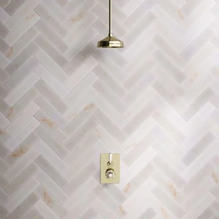 Linton Classic Single Outlet Concealed Shower with 210mm Ceiling Arm, 8" Rose & White Levers in Timeless Brass