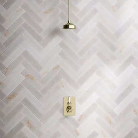 Linton Concealed Shower Valve, Shower Arm and 6 inch Ceiling Mounted Rose White Lever Timeless Brass White Lever