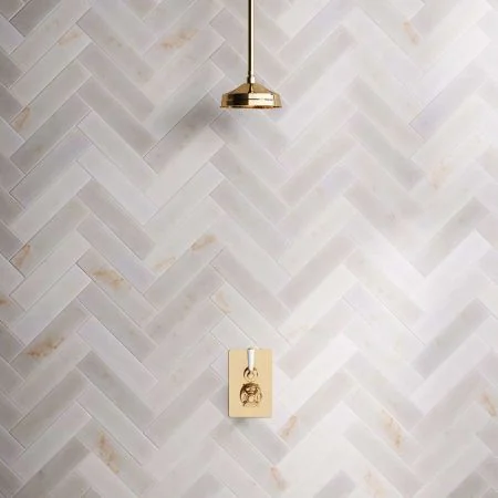 Linton Concealed Shower Valve, Shower Arm and 8 inch Ceiling Mounted Rose White Lever Living Brass
