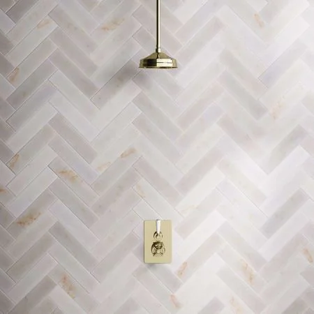 Linton Concealed Shower Valve, Shower Arm and 8 inch Ceiling Mounted Rose White Lever Timeless Brass