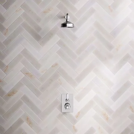 Linton Classic Single Outlet Concealed Shower with 500mm Wall Mounted Arm, 6" Rose & White Levers in Chrome