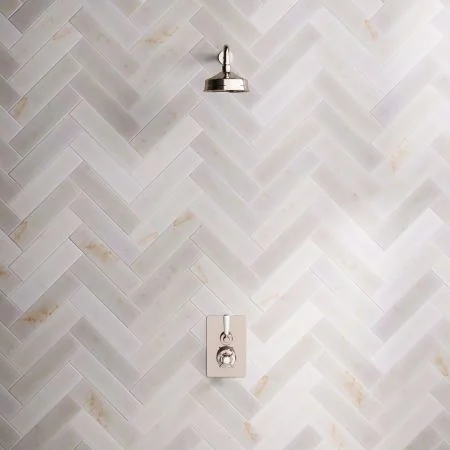 Linton Classic Single Outlet Concealed Shower with 500mm Wall Mounted Arm, 6" Rose & White Levers in Polished Nickel