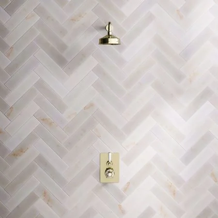 Linton Classic Single Outlet Concealed Shower with 500mm Wall Mounted Arm, 6" Rose & White Levers in Timeless Brass