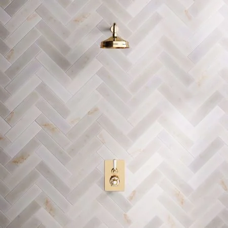 Linton Classic Single Outlet Concealed Shower with 500mm Wall Mounted Arm, 8" Rose & White Levers in Living Brass