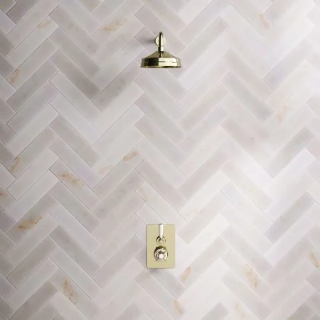 Linton Classic Single Outlet Concealed Shower with 500mm Wall Mounted Arm, 8" Rose & White Levers in Timeless Brass