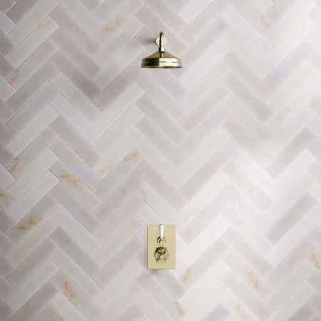 Linton Concealed Shower Valve, 500mm Shower Arm and 8 inch Rose White Lever Timeless Brass