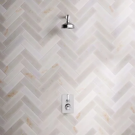 Linton Classic Single Outlet Concealed Shower with 300mm Wall Mounted Arm, 6" Rose & White Levers in Chrome