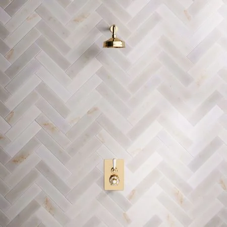 Linton Classic Single Outlet Concealed Shower with 300mm Wall Mounted Arm, 6" Rose & White Levers in Living Brass