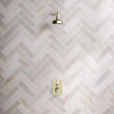 Linton Classic Single Outlet Concealed Shower with 300mm Wall Mounted Arm, 6" Rose & White Levers in Timeless Brass