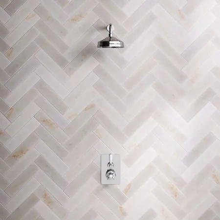 Linton Classic Single Outlet Concealed Shower with 300mm Wall Mounted Arm, 8" Rose & White Levers in Chrome