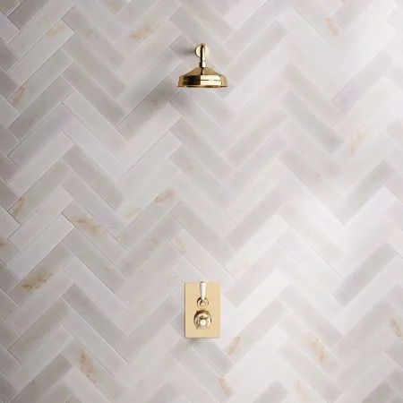 Linton Classic Single Outlet Concealed Shower with 300mm Wall Mounted Arm, 8" Rose & White Levers in Living Brass