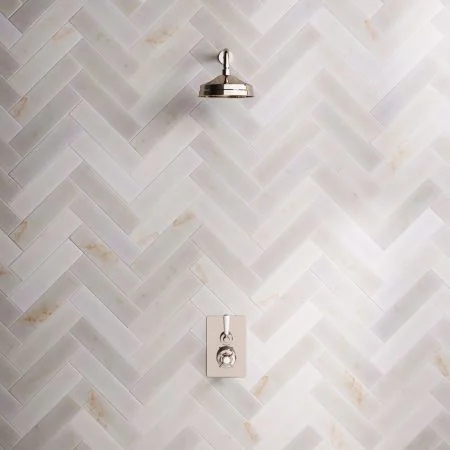 Linton Classic Single Outlet Concealed Shower with 300mm Wall Mounted Arm, 8" Rose & White Levers in Polished Nickel