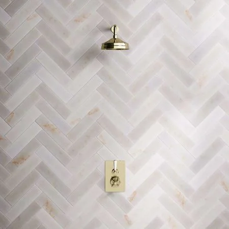 Linton Concealed Shower Valve, Shower Arm and 8 inch Rose White Lever Timeless Brass