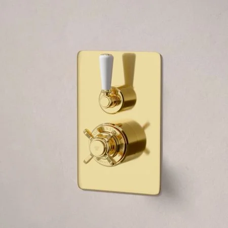 Linton Concealed Shower Valve, Shower Arm and 6 inch Ceiling Mounted Rose White Lever Living Brass White Lever