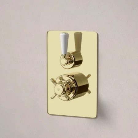 Linton Concealed Shower Valve, Shower Arm and 6 inch Ceiling Mounted Rose White Lever Timeless Brass White Lever