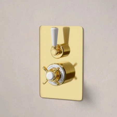 Linton Classic Concealed Shower Valve, Shower Arm and 6 inch Ceiling Mounted Rose White Lever Living Brass White Lever