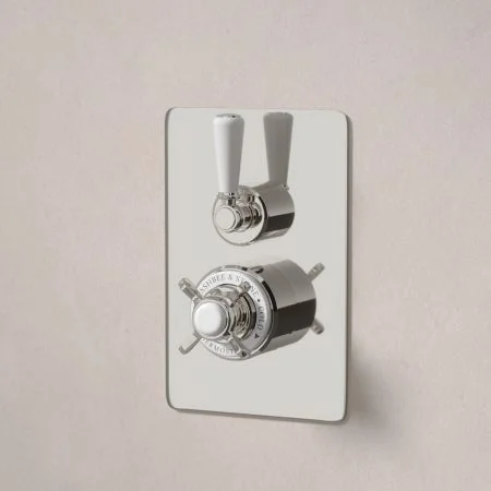 Linton Classic Single Outlet Concealed Shower with 500mm Wall Arm & 6" Rose - White Lever & Ceramics - Polished Nickel