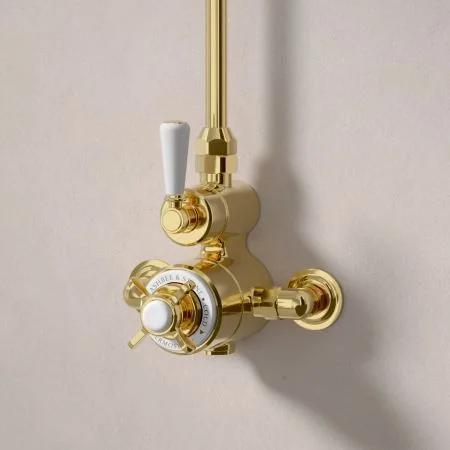 Linton Classic Exposed Shower Valve with Rigid Riser and 8 Inch Rose - White Lever - Living Brass