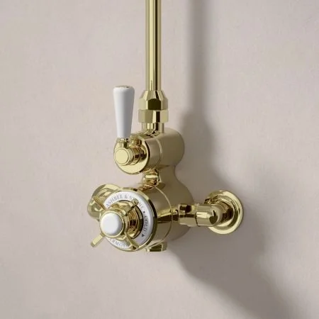 Linton Classic Exposed Shower Valve with Rigid Riser and 8 Inch Rose - White Lever - Timeless Brass