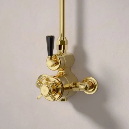 Linton Exposed Shower Valve with Rigid Riser and 8 Inch Rose - Black Lever - Living Brass