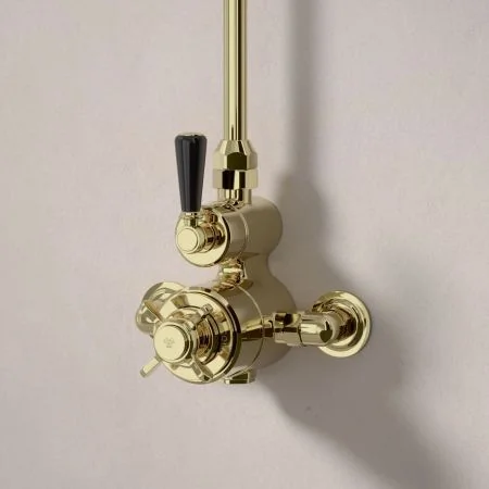 Linton Exposed Shower Valve with Rigid Riser and 6 Inch Rose - Black Lever - Timeless Brass