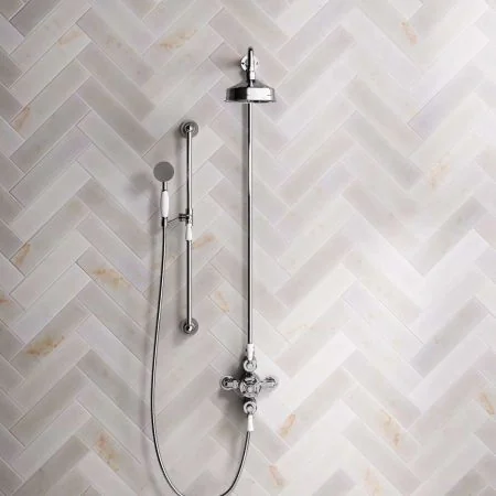 Linton Dual Outlet Exposed Valve with Slider Rail, 6" Rose & White Levers in Chrome