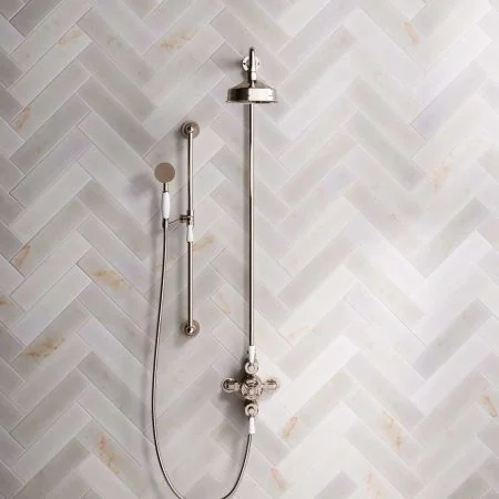 Linton Dual Outlet Exposed Valve with Slider Rail, 6" Rose & White Levers in Polished Nickel