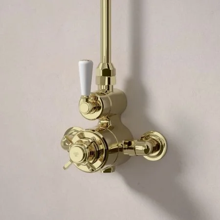 Linton Exposed Shower Valve with Rigid Riser and 8 Inch Rose - White Lever - Timeless Brass