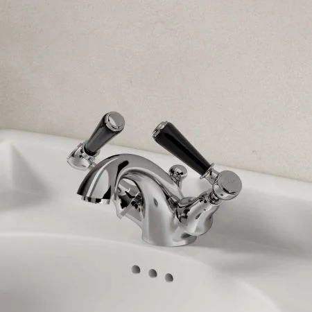 Linton Deck Mounted Monobloc Basin Mixer with Pop Up Waste - Black Lever - Chrome