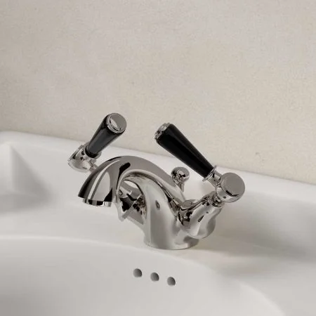 Linton Deck Mounted Monobloc Basin Mixer with Pop Up Waste - Black Lever - Polished Nickel